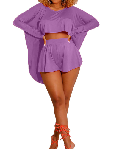 Sexy Fashion Casual Loose Bat Sleeve Top Soft Shorts Two-piece Shorts Set Multi Color S-2XL