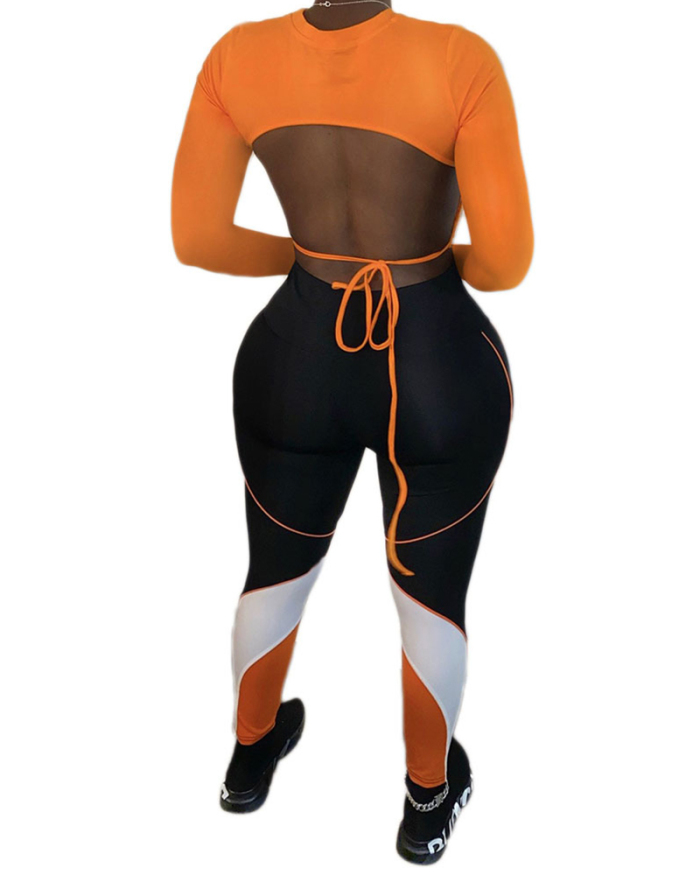 Fashion Women O-Neck Long Sleeve Backless Colorblock Pants Sets Two Pieces Outfit Orange S-2XL