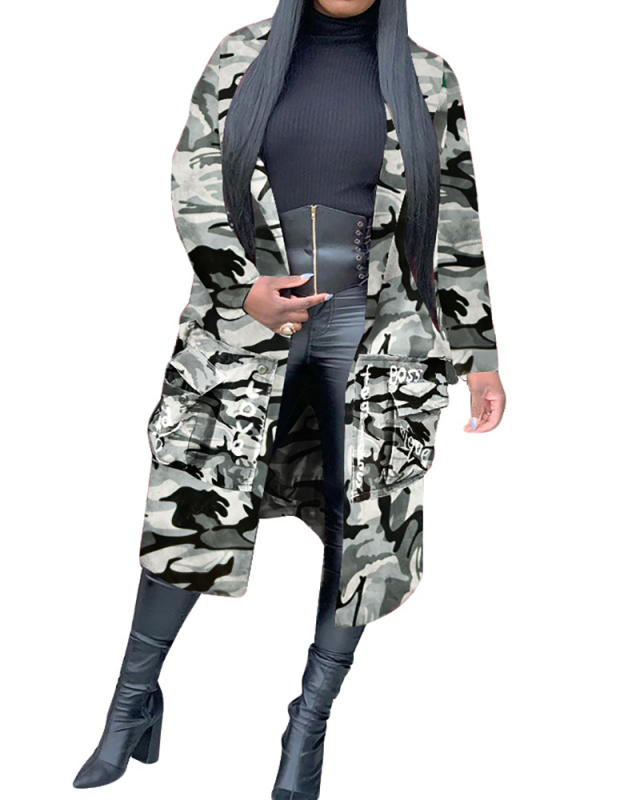 Ladies Fashion Long Casual Camouflage Print Patch Jacket S-XXXL