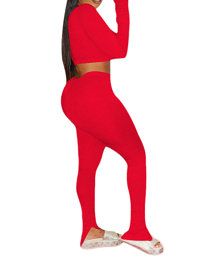 Sexy Tight Women Solid Color Long Sleeve V-neck Crop Tops Slim Pants Sets Two Piece Outfit Purple Black Red S-2XL