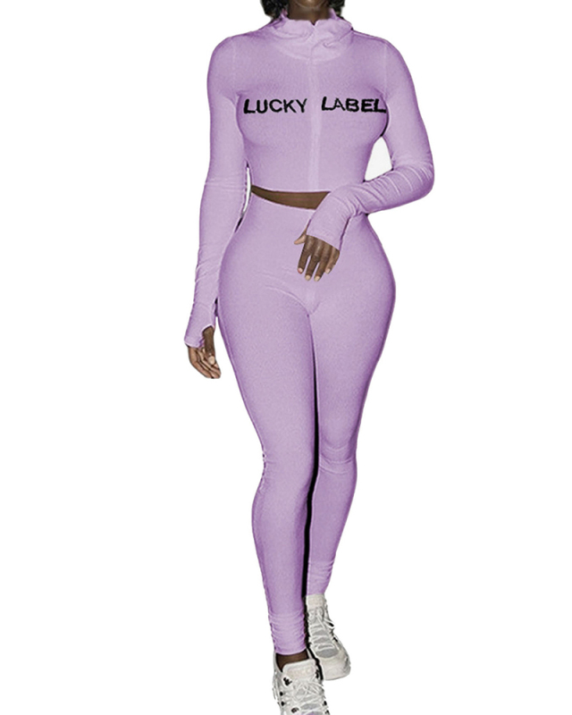 Ladies Fashion Turtleneck Letter Printing Zipper Sports Two-Piece Set S-XXL