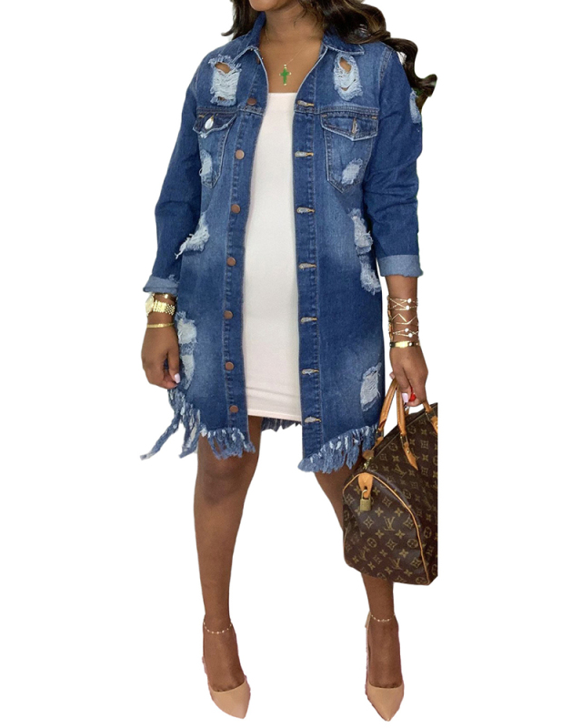 Women Fashion Long Sleeve Button Hollow Out Jean Coats S-2XL