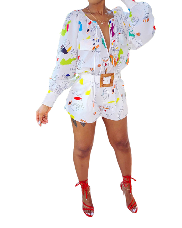 Ladies Fashion Printed One-Piece Shorts Bandage Long Sleeve Jumpsuit S-XXL