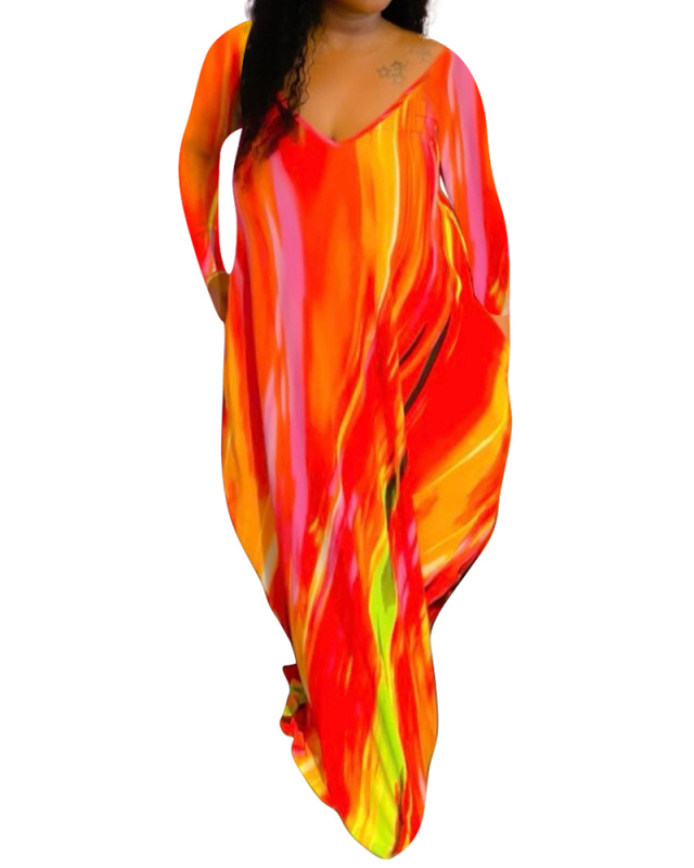 Lady Printing Long Sleeve V-Neck One Piece Dress Yellow Red S-2XL 