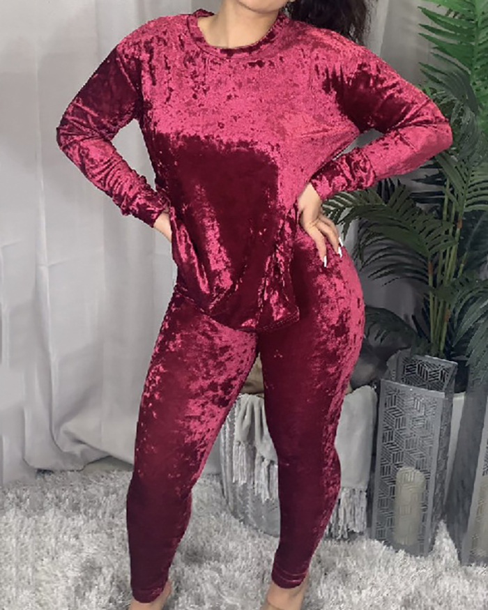 Round Neck Red Velvet Casual Suit Two-piece Set S-2XL