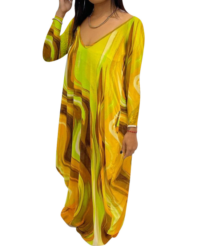 Lady Printing Long Sleeve V-Neck One Piece Dress Yellow Red S-2XL 