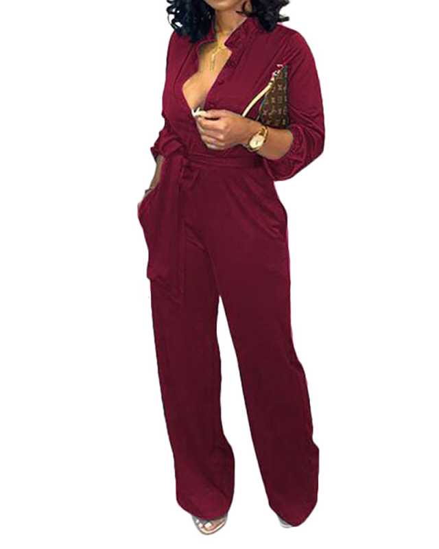 Ladies Fashion Sexy Waist Tie Workwear Overalls Solid Color S-XXXL