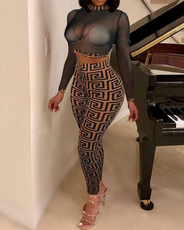 Women Long Sleeve Mesh Tops Two Pieces Outfit Pants Sets Club Wear S-2XL