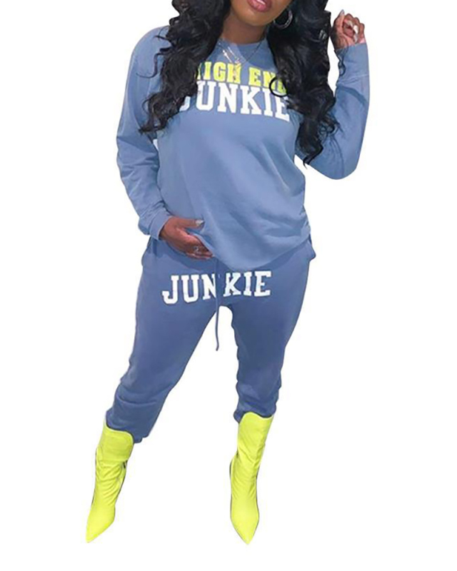 Women Autumn O-neck Long Sleeve Casual Two Pieces Outfit Pants Sets Blue S-2XL