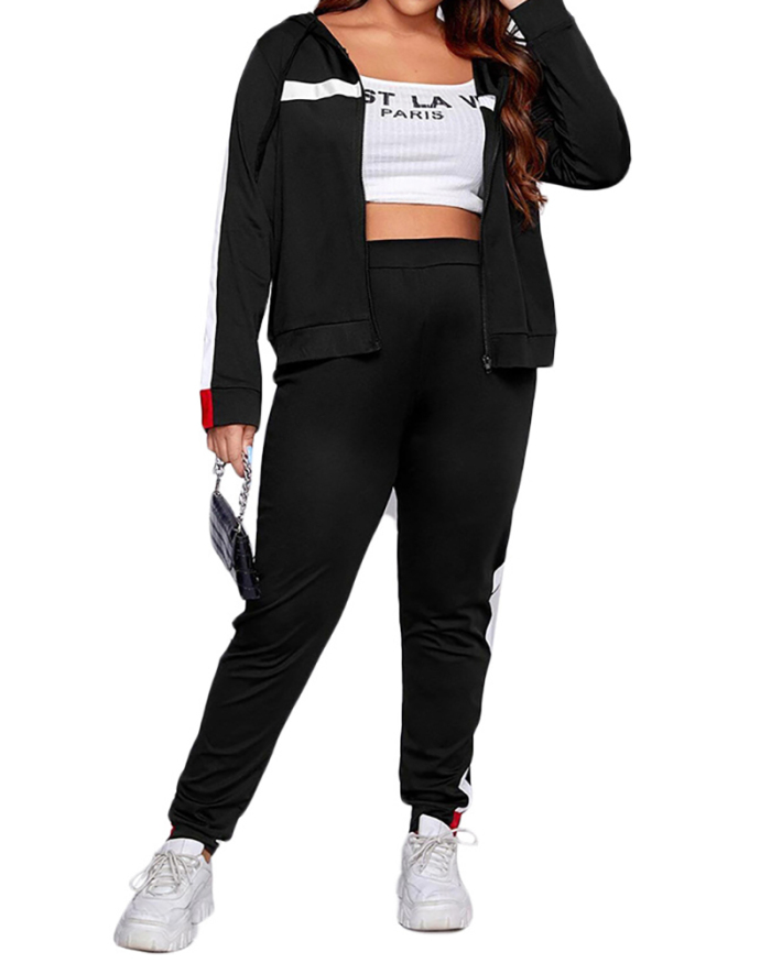 Lady Casual Street Style Hoodies Zipper Two Piece Set Black S-2XL 
