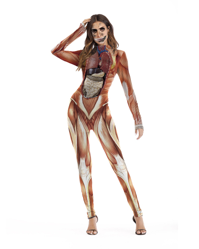 Women's Halloween Jumpsuits Skeleton Costume Bone Print Stretch Funny Cosplay Catsuit Bodysuit Rompers