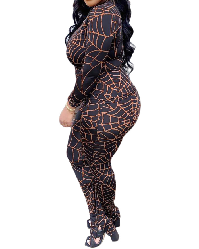 Women Long Sleeve Spider Web Printing Two Pieces Outfit Pants Sets S-2XL