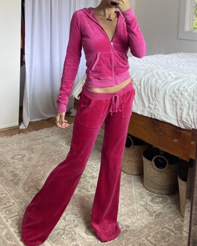 Fashion Hoodies Zipper Coat Tie-up Pocket Flared Trousers Velvet Set Two-piece Set S-L