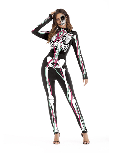 Halloween Jumpsuits Skeleton Costume Bone Print Stretch Funny Cosplay Catsuit Bodysuit Rompers