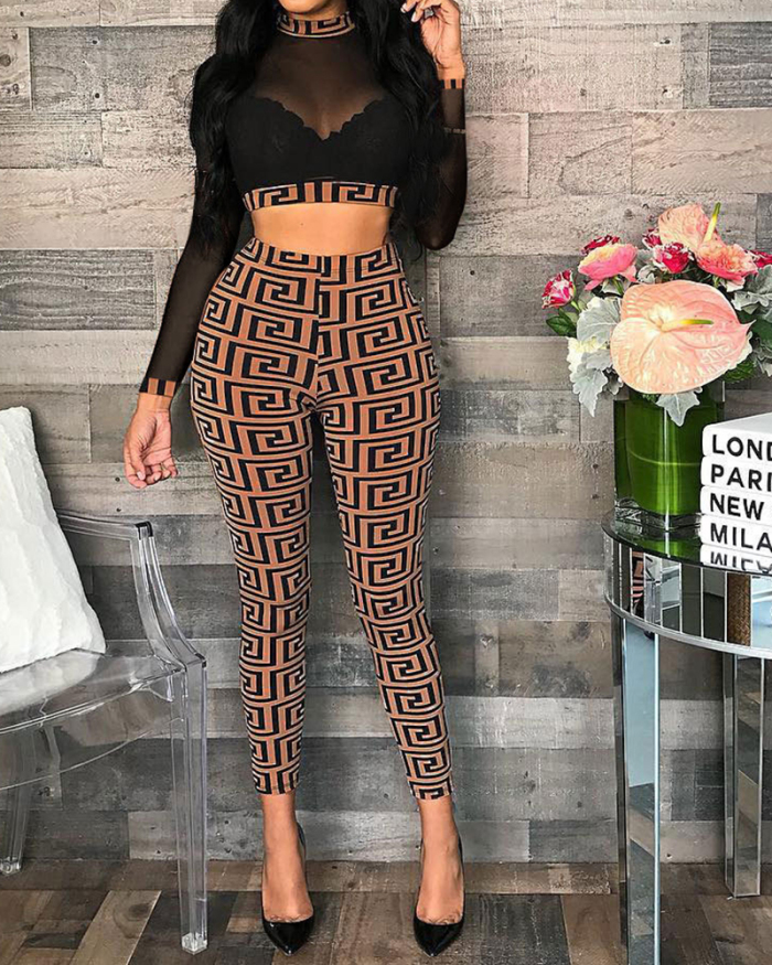 Women Long Sleeve Mesh Tops Two Pieces Outfit Pants Sets Club Wear S-2XL