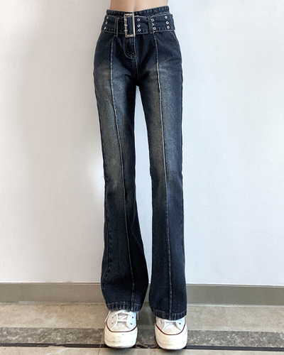 Stretch Slim Washed-color High-waist Hot Girl Jeans with Belt Gray S-L