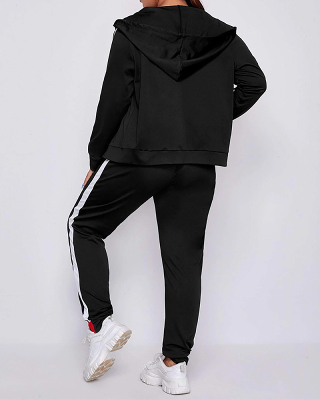 Lady Casual Street Style Hoodies Zipper Two Piece Set Black S-2XL 