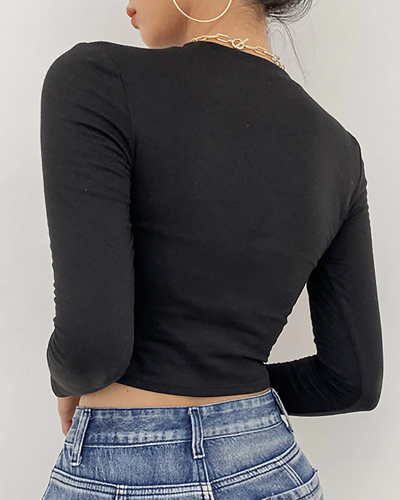 Love Printing Rhinestone Round Neck Long-sleeved Shirt Slim Top Shirt Black S-L