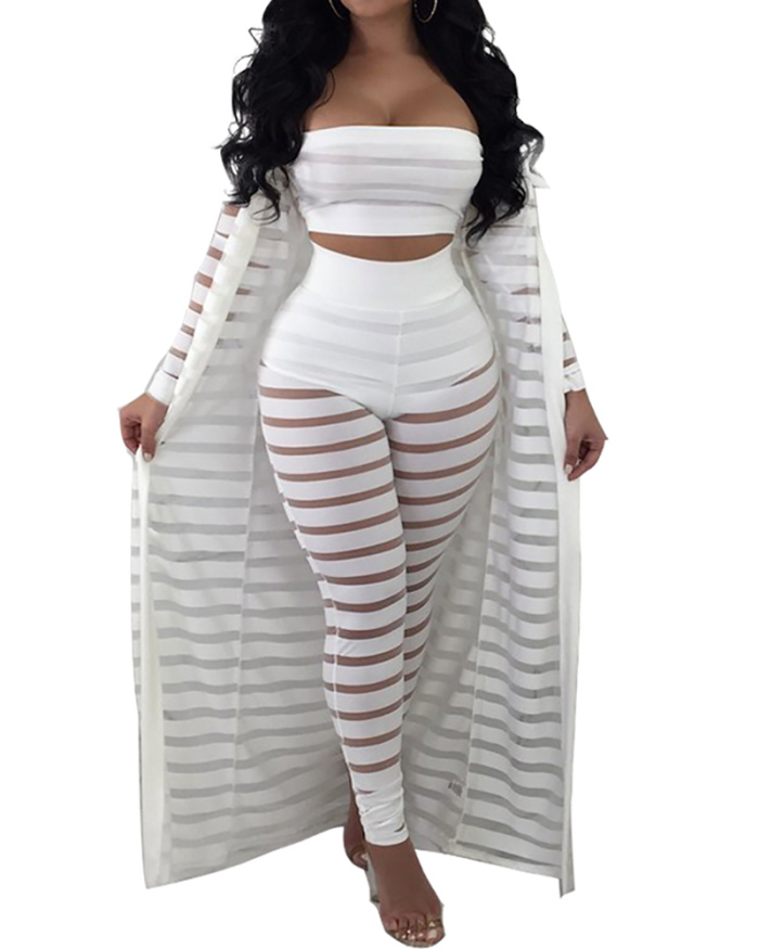 Women Fashion Striped Long Sleeve Women Three Pieces Outfit Black White Red S-3XL