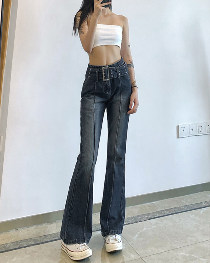 Stretch Slim Washed-color High-waist Hot Girl Jeans with Belt Gray S-L