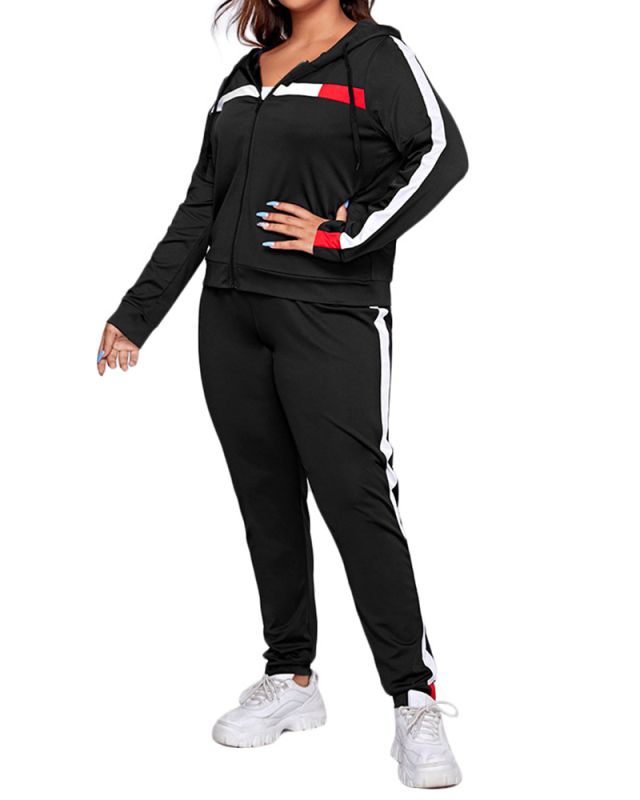 Lady Casual Street Style Hoodies Zipper Two Piece Set Black S-2XL 