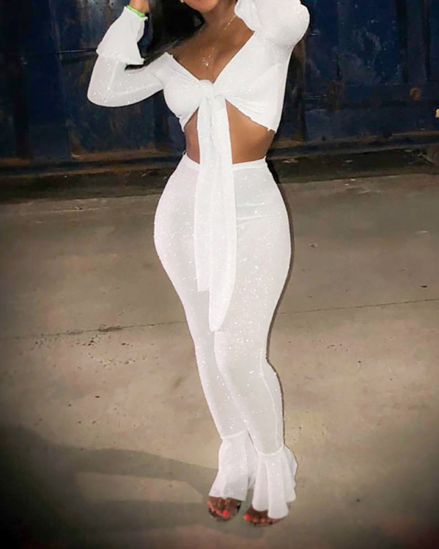 Women Solid Color Long Puff Sleeve Puff Leg Two Pieces Outfit Pants Sets White Blue Red S-XL