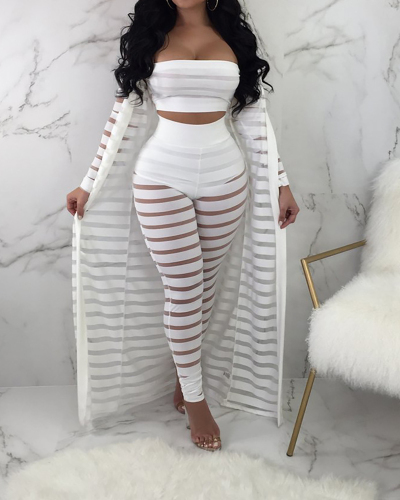 Women Fashion Striped Long Sleeve Women Three Pieces Outfit Black White Red S-3XL