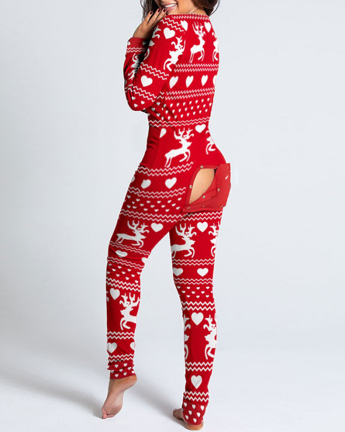 Women Wholesale Christmas Print Sexy Button Hip Long Sleeve Sleepwear Jumpsuit S-XL