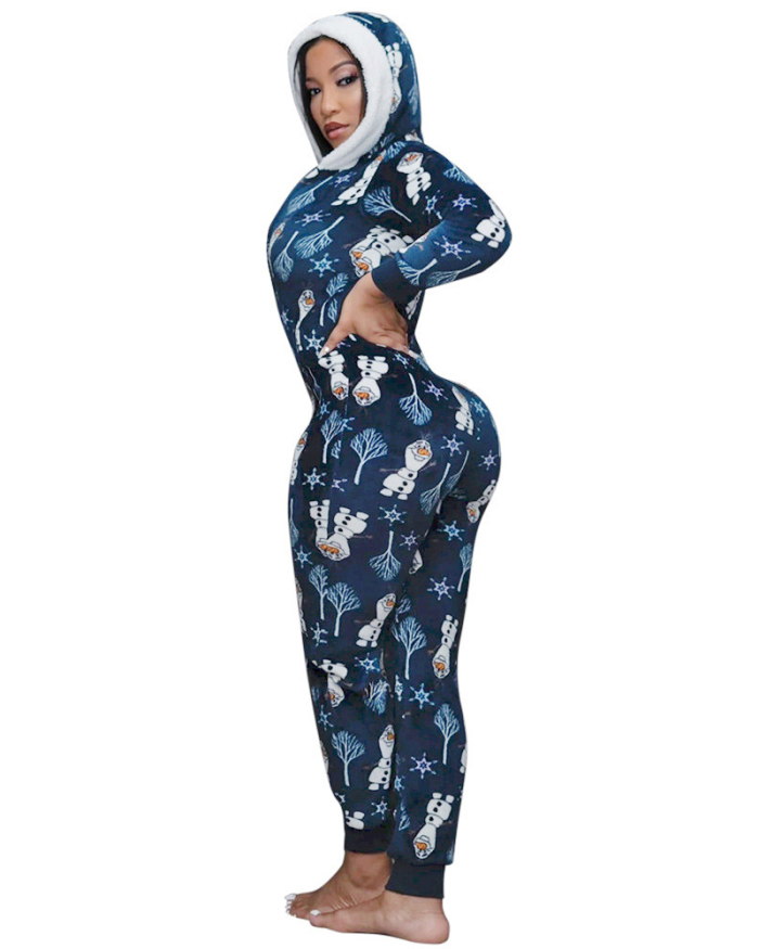 Women fall Christmas Cartoon Print Jumpsuit Bodysuit Front Zipper Long Sleeve Fitness Jumpsuits Hooded Homewear Playsuit