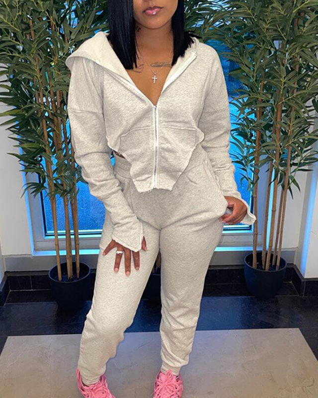 Solid Color Zipper Hooded Ladies Long-sleeved Trousers Casual Sports Two-piece Suit Multi Color S-2XL