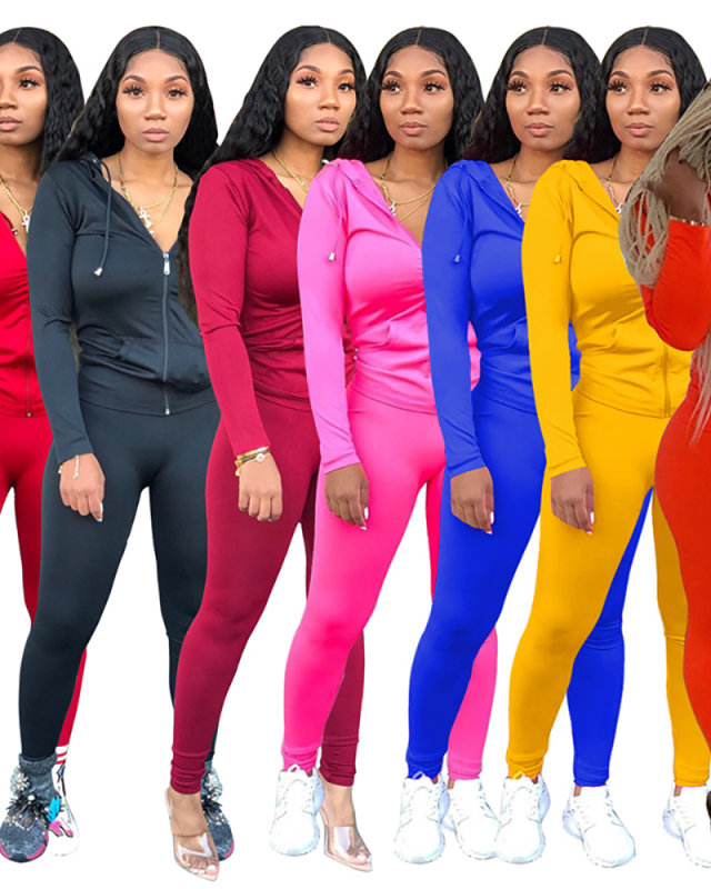 Solid Color Women Long Sleeve Sporty Two Pieces Outfits S-XXL