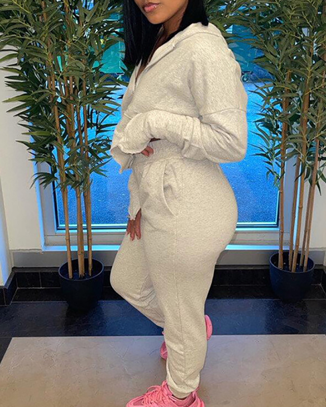 Solid Color Zipper Hooded Ladies Long-sleeved Trousers Casual Sports Two-piece Suit Multi Color S-2XL