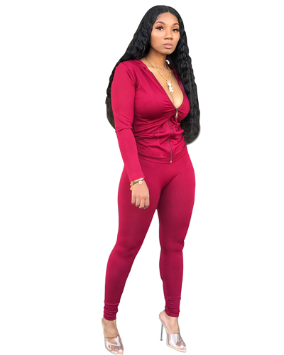 Solid Color Women Long Sleeve Sporty Two Pieces Outfits S-XXL