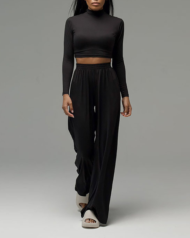 Casual Home Sports Suit Women's Wide-leg Pants Long Sleeve Top Two-piece Suit S-L