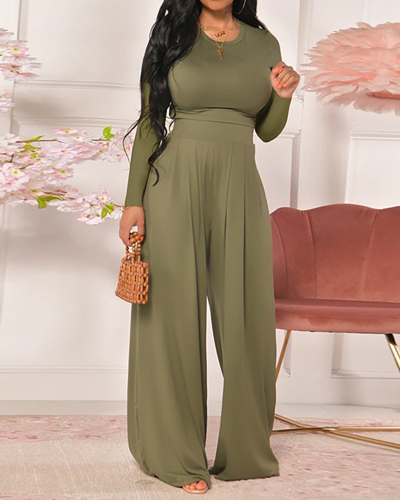 Women Long Sleeve Solid Color O-Neck Pants Sets Two Pieces Outfit Orange Gray Black Brown Army Green S-2XL