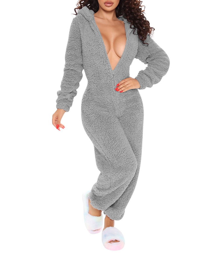 Women Solid Color Cute Casual Long Sleeve Jumpsuit Gray Black Pink Red S-5XL 