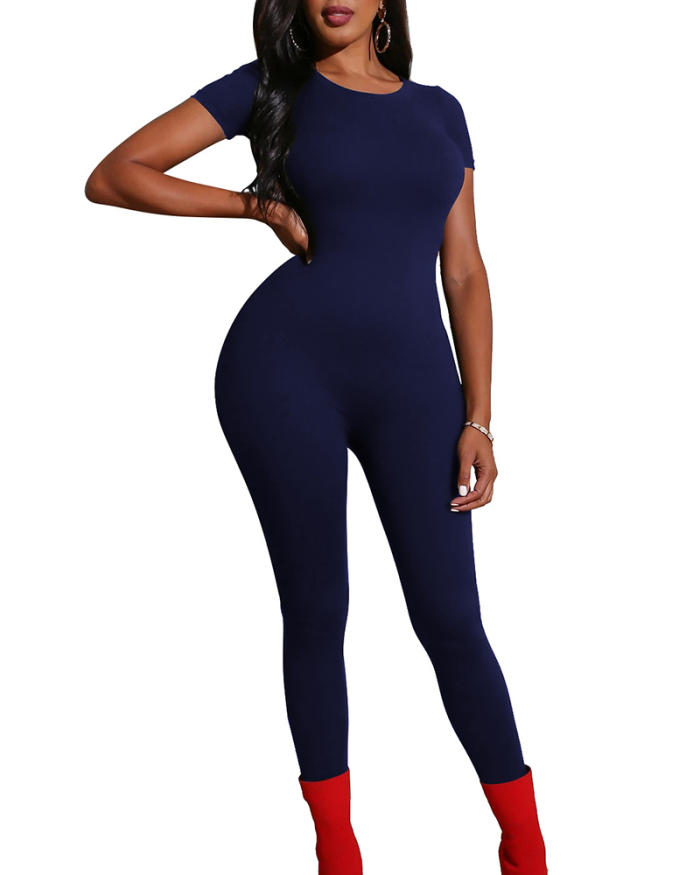 Short Sleeve Solid Color Women Simple Jumpsuit