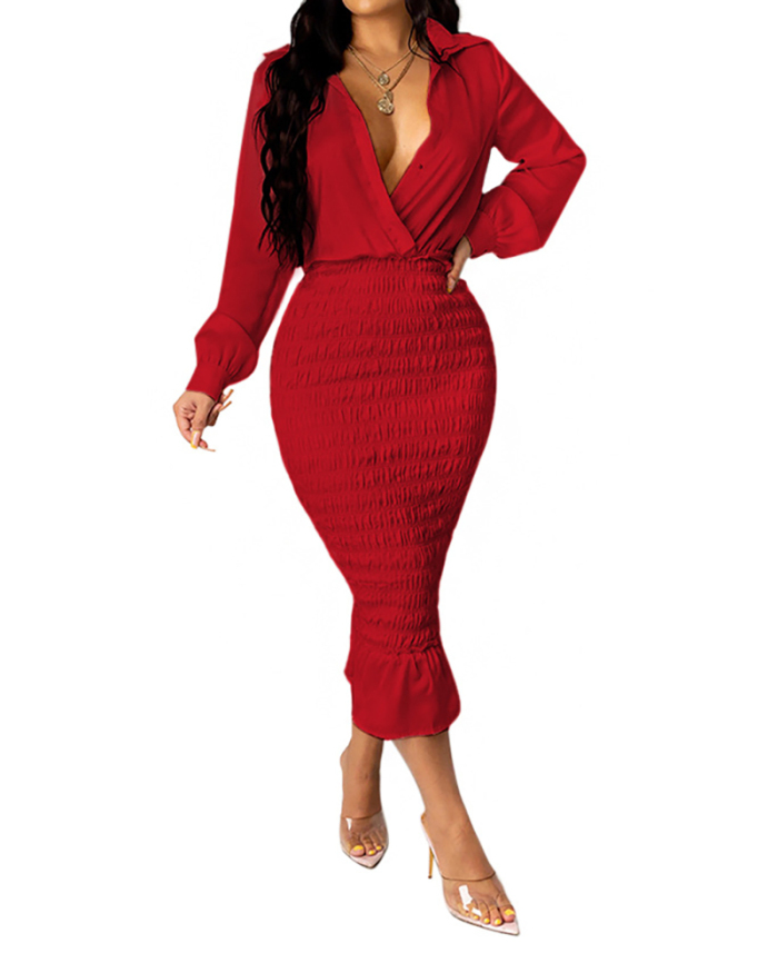 Lady Solid Color V-Neck Party One Piece Dress Red Black Beige S-2XL 