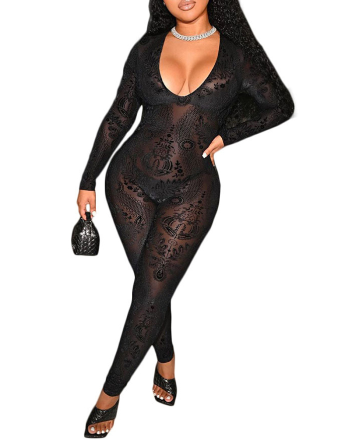 Sexy See-through Deep U-neck Gauze Mesh Printed Sim Fit Nightclub Outfit Jumpsuit Solid Black S-XL