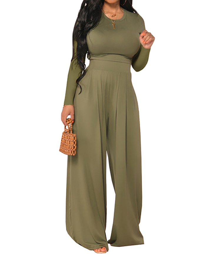 Women Long Sleeve Solid Color O-Neck Pants Sets Two Pieces Outfit Orange Gray Black Brown Army Green S-2XL