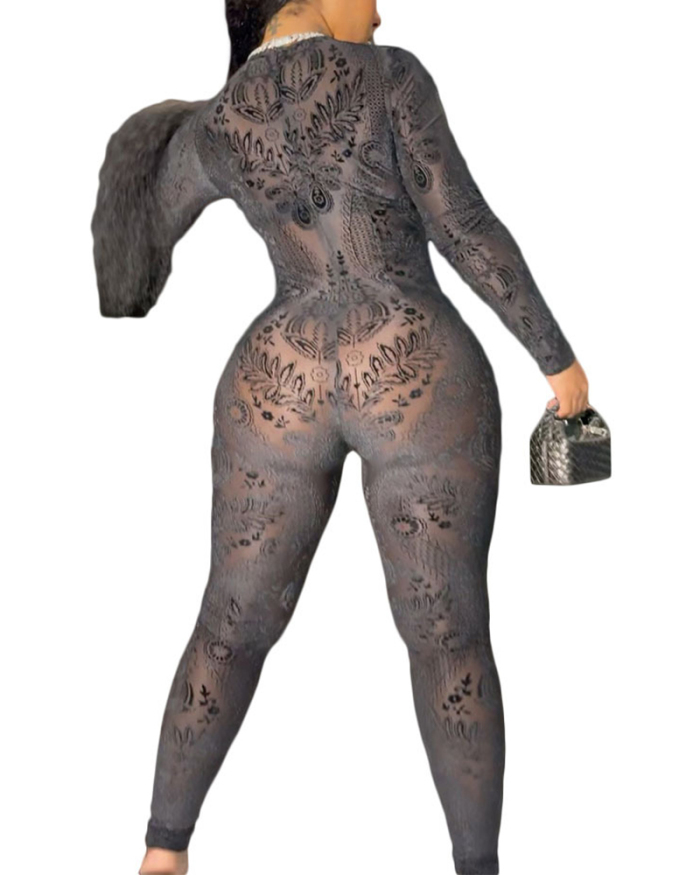 Sexy See-through Deep U-neck Gauze Mesh Printed Sim Fit Nightclub Outfit Jumpsuit Solid Black S-XL