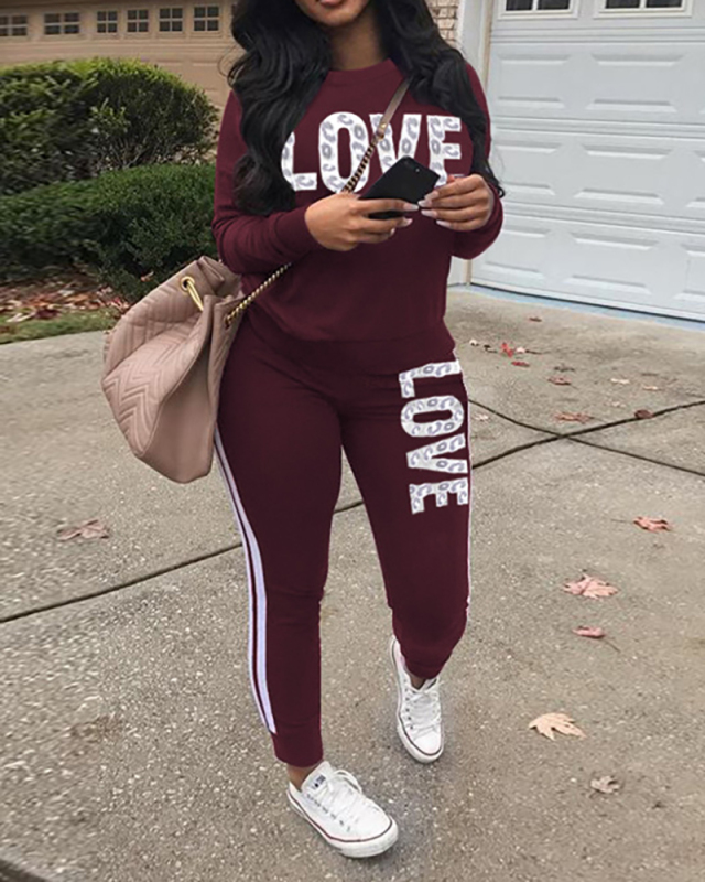 Ladies Fashion Simple Casual Letters Leopard Print Sports Two-Piece Suit S-XXXL