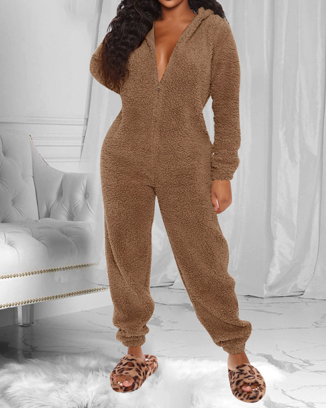 Women Solid Color Cute Casual Long Sleeve Jumpsuit Gray Black Pink Red S-5XL 