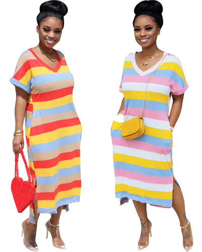 Short Sleeve Rainbow Causal Dress