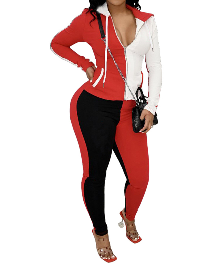 Wholesale Woman Colorblock Long Sleeve Hoodies Tops Slim Pants Sets Two Pieces Outfit S-2XL