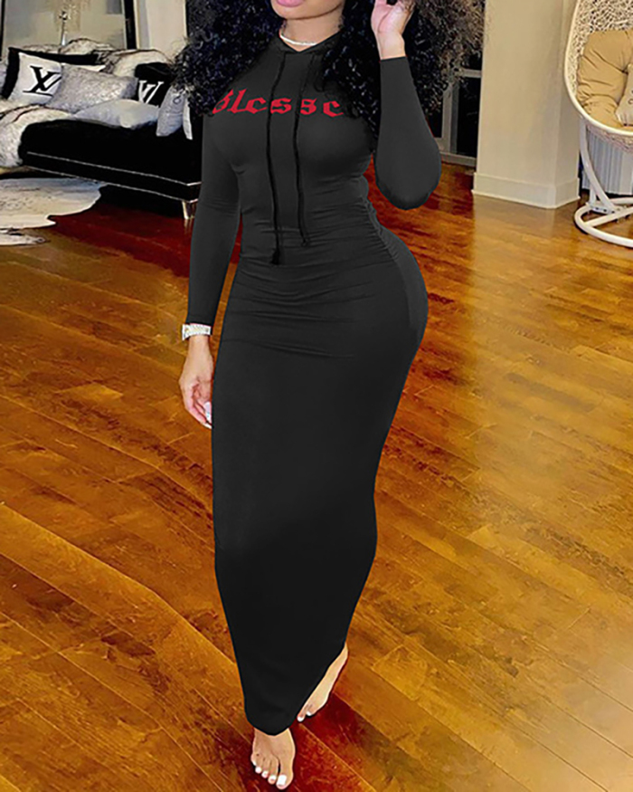 New Women Casual Long Sleeve Letters Printed Hoodies Maxi Dresses Gray Red Black S-2XL