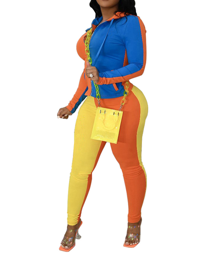 Wholesale Woman Colorblock Long Sleeve Hoodies Tops Slim Pants Sets Two Pieces Outfit S-2XL