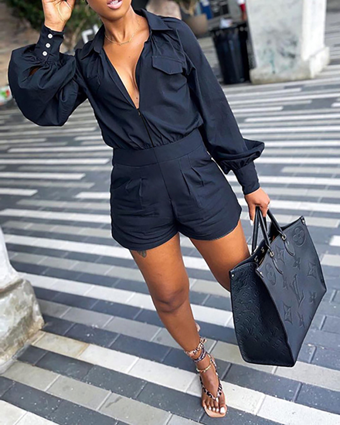 Women Fashion Long Sleeve Zipper Turn-down Collar Rompers Black S-XL