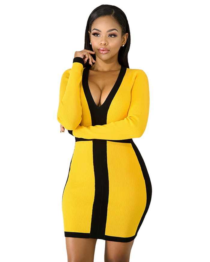 V-neck Yellow Women Slim Dress