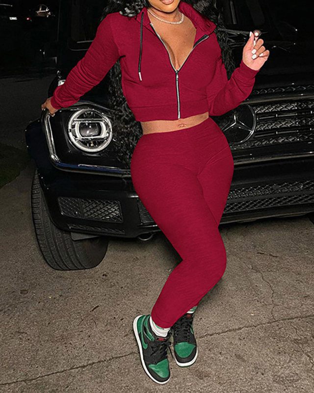 New Fall Women Solid Color Long Sleeve Hoodies Zipper Tops Slim Pants Sets Two Pieces Outfit Yellow Orange Gray Black Blue Wine Red XS-XL